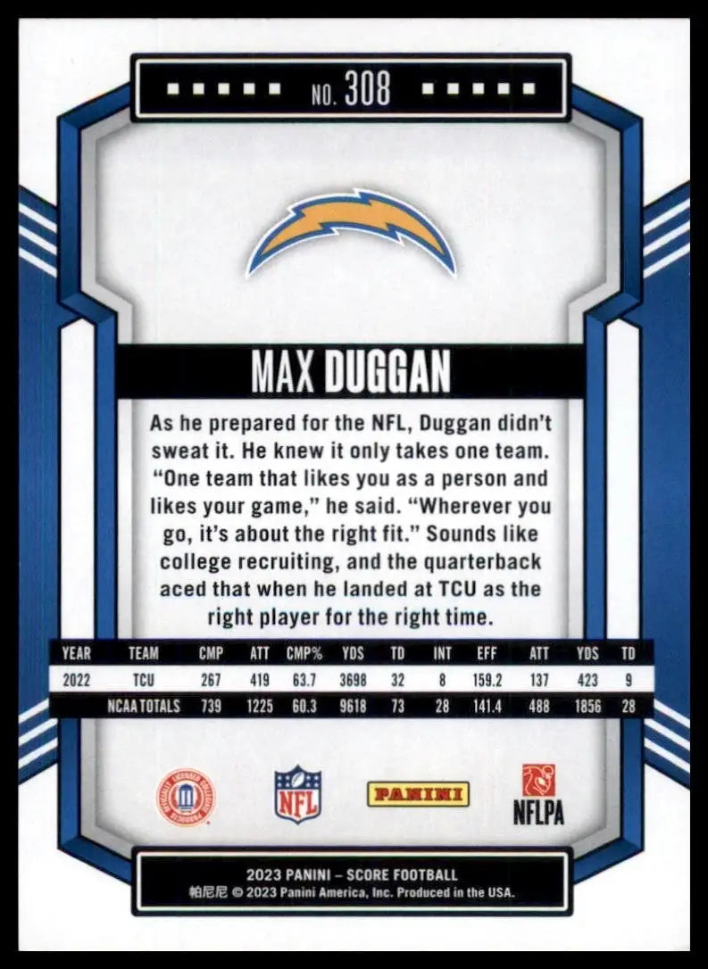 2023 Score Rookie Max Duggan #308 Los Angeles Chargers Football Card NFL Sports