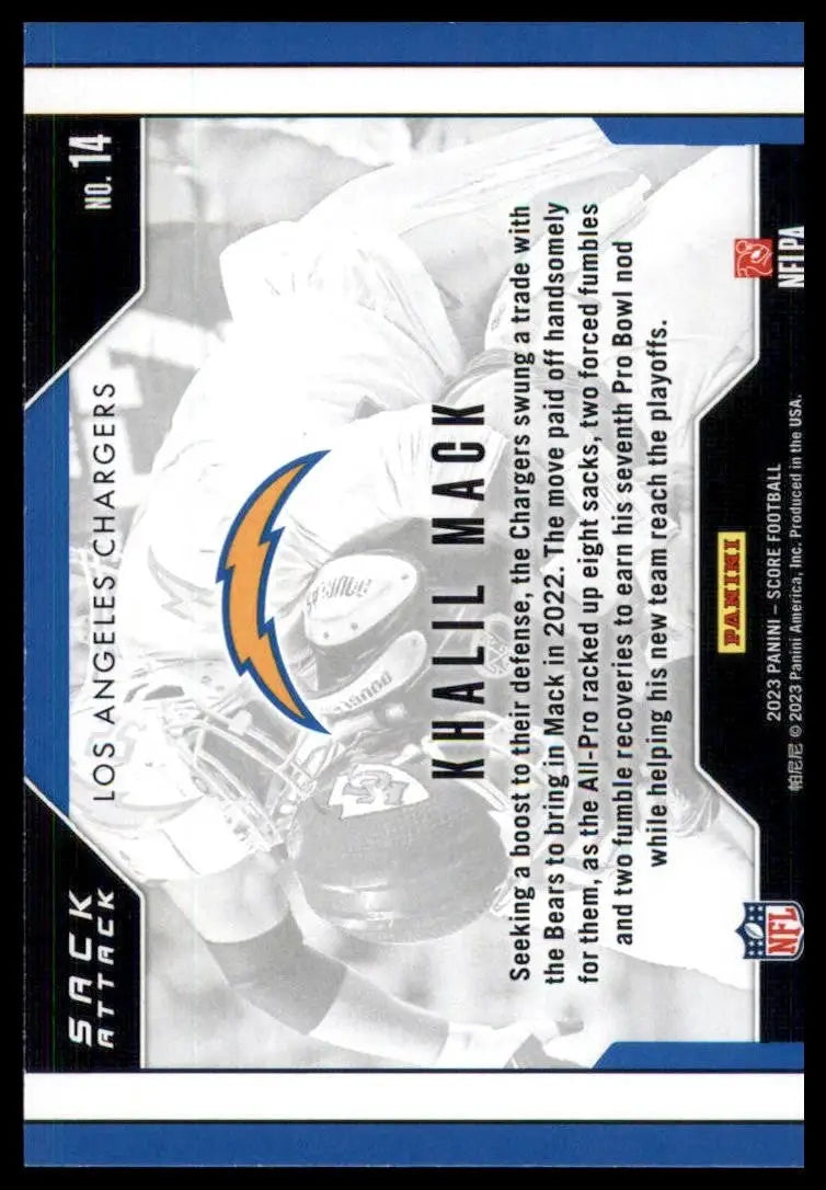 2023 Score Sack Attack Khalil Mack #14 Los Angeles Chargers Football Card NFL - Football Card Single