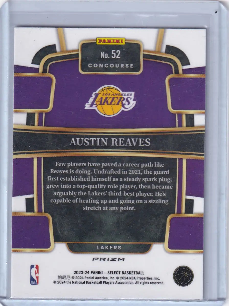 2023 SELECT #52 AUSTIN REAVES CONCOURSE SILVER- LOS ANGELES LAKERS - Basketball Card Single