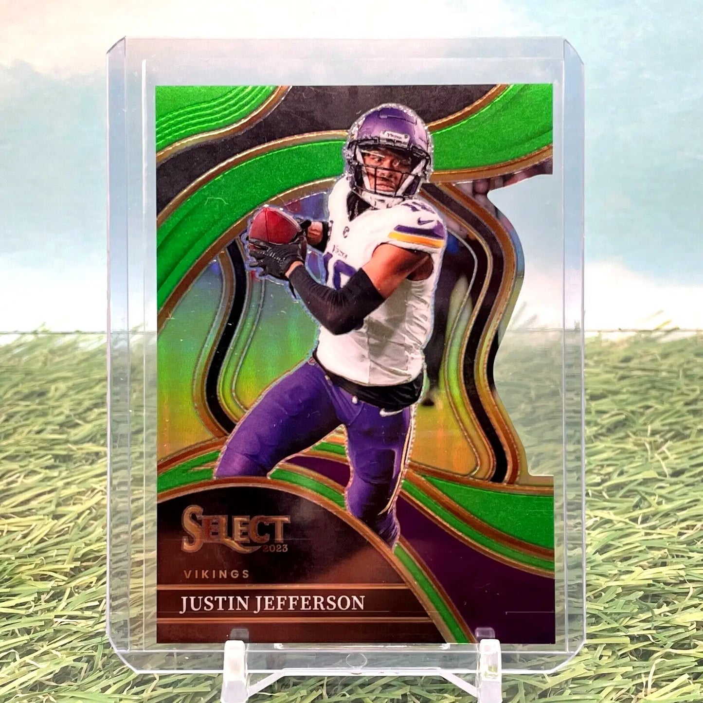 Justin Jefferson trading card featuring Neon Green Prizm from 2023 Select series