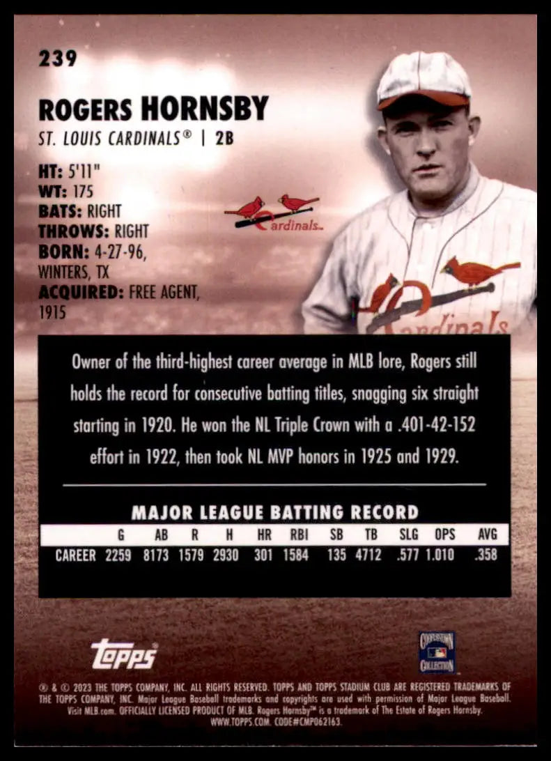 2023 Stadium Club - Black Foil Rogers Hornsby 239 St. Louis Cardinals NM - Baseball Card Single