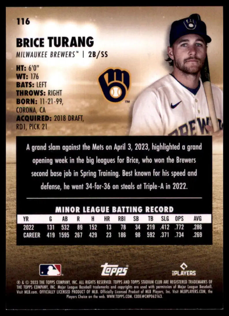 2023 Stadium Club Brice Turang RC 116 Milwaukee Brewers NM - Baseball Card Single
