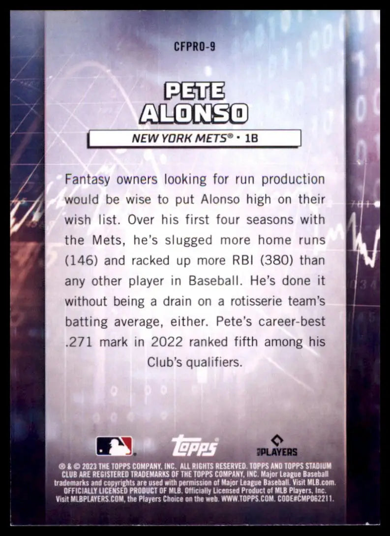2023 Stadium Club - Chief Fantasy Professionals Pete Alonso CFPRO-9 NY Mets NM - Baseball Card Single