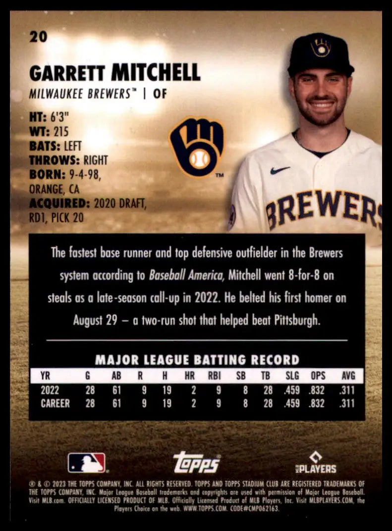 2023 Stadium Club Garrett Mitchell RC 20 Milwaukee Brewers NM - Baseball Card Single
