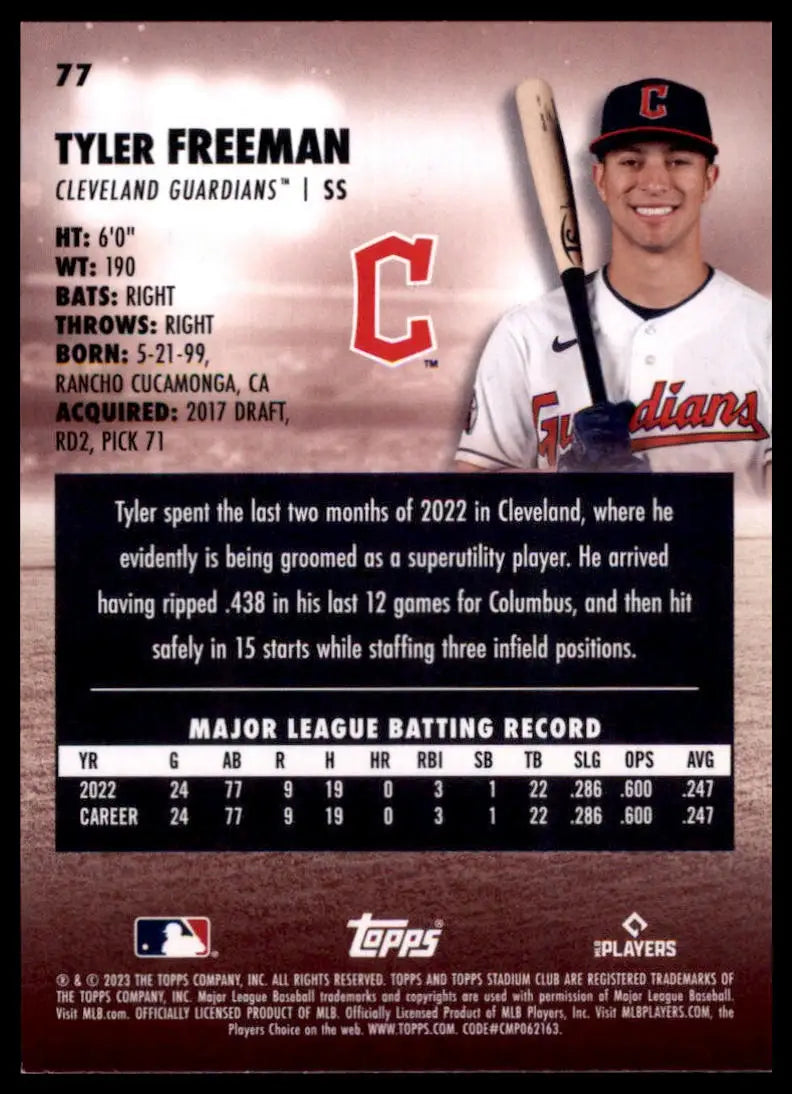 2023 Stadium Club Tyler Freeman RC 77 Cleveland Guardians Baseball NM - Baseball Card Single