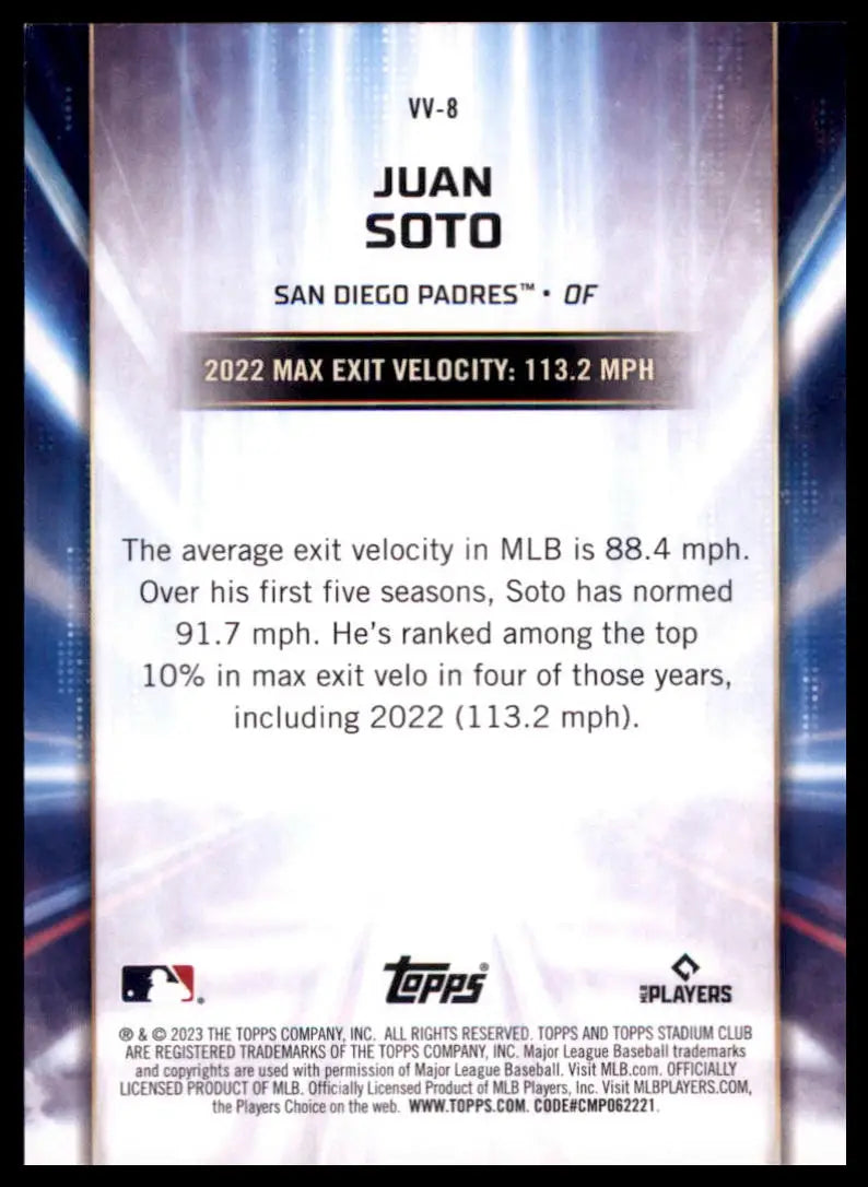 2023 Stadium Club - Virtuosos of Velocity Juan Soto VV-8 San Diego Padres NM - Baseball Card Single