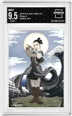 Star Wars global art collectible card of Rey in Ukiyo-e style with full moon and waves