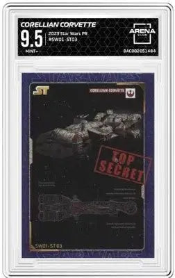 Star Wars PR Corellian Corvette collectible card from 2023 Arena Club featuring a Corellian Corvette spaceship