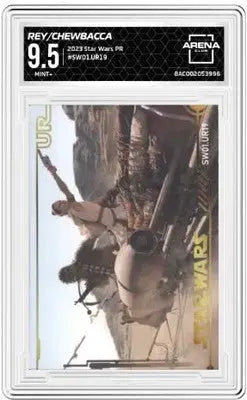 A graded Star Wars trading card featuring Rey and Chewbacca from SW01UR19 Arena Club