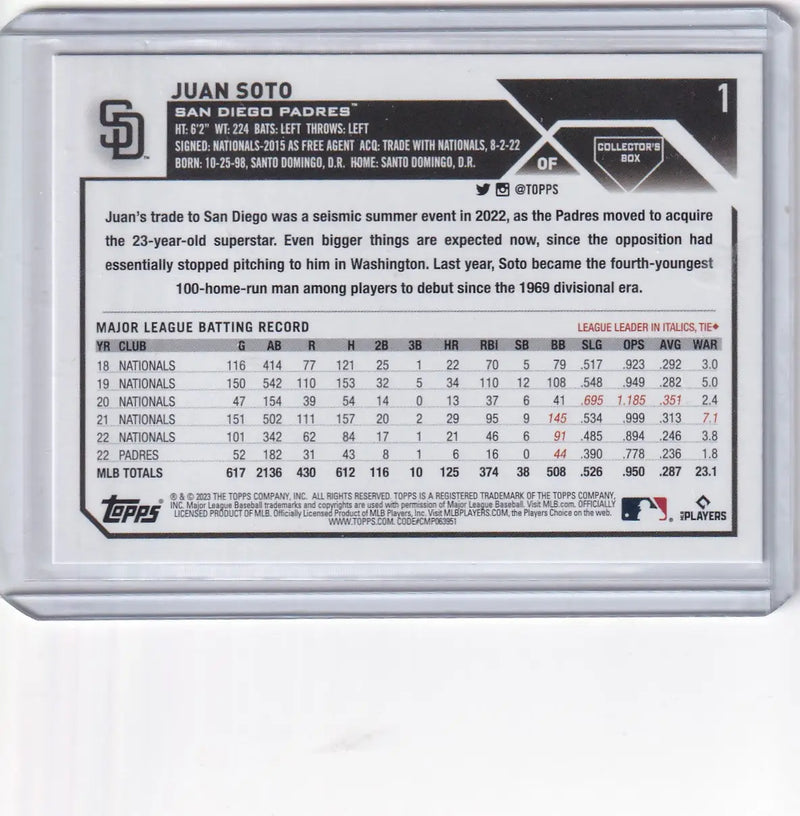 2023 TOPPS #1 JUAN SOTO FOIL BOARD- SAN DIEGO PADRES - Baseball Card Single
