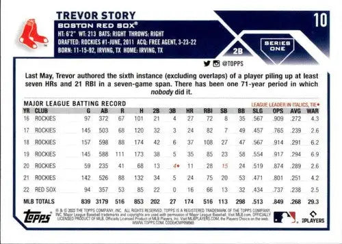 2023 Topps #10 Trevor Story NM-MT Red Sox ID:49595 - Baseball Card Single