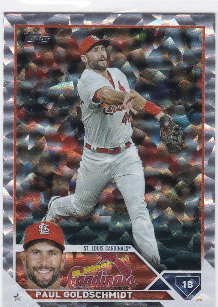 Baseball card of Paul Goldschmidt in mid-throw, showcasing Goldschmidt Silver Foilboard