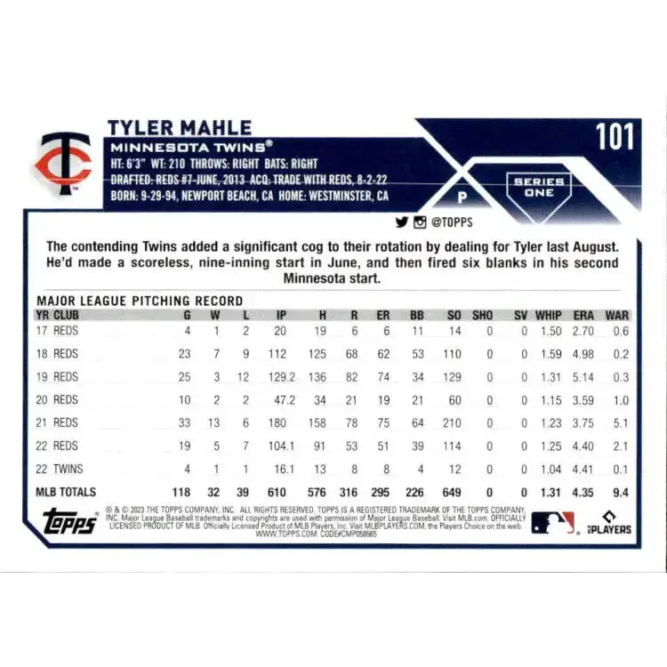 2023 Topps #101 Tyler Mahle NM-MT Minnesota Twins Baseball Card - Baseball Card Single