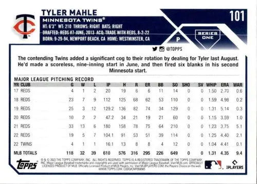 2023 Topps #101 Tyler Mahle NM-MT Twins ID:49585 - Baseball Card Single