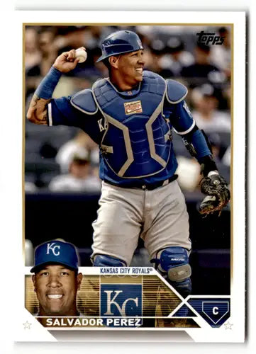Baseball trading card featuring Salvador Perez in Kansas City Royals uniform, 2023 Topps