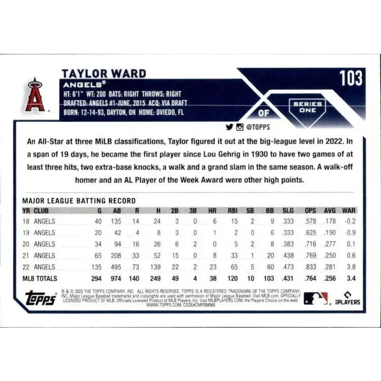 2023 Topps #103 Taylor Ward NM-MT Los Angeles Angels Baseball Card - Baseball Card Single