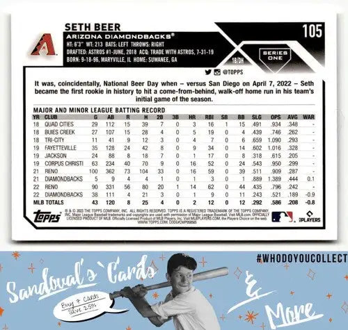 2023 Topps Seth Beer baseball card with original gloss featuring Simply Sandoval ID 50172