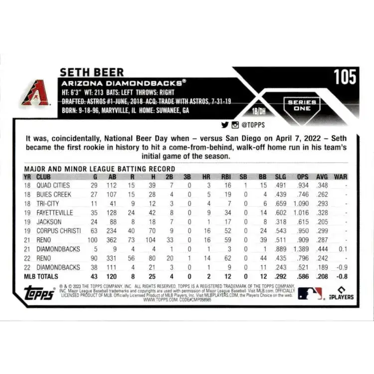 2023 Topps #105 Seth Beer NM-MT Arizona Diamondbacks Baseball Card - Baseball Card Single