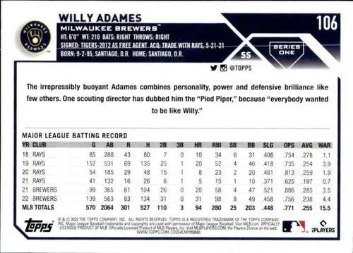 2023 Topps #106 Willy Adames NM-MT Brewers ID:49562 - Baseball Card Single