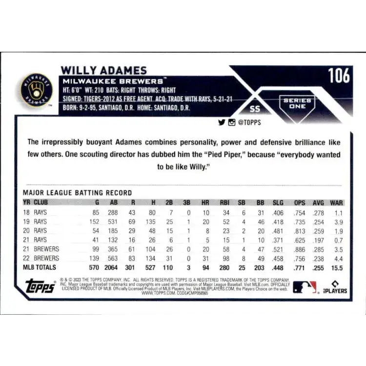 2023 Topps #106 Willy Adames NM-MT Milwaukee Brewers Baseball Card - Baseball Card Single