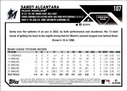 2023 Topps #107 Sandy Alcantara NM-MT Marlins ID:49661 - Baseball Card Single