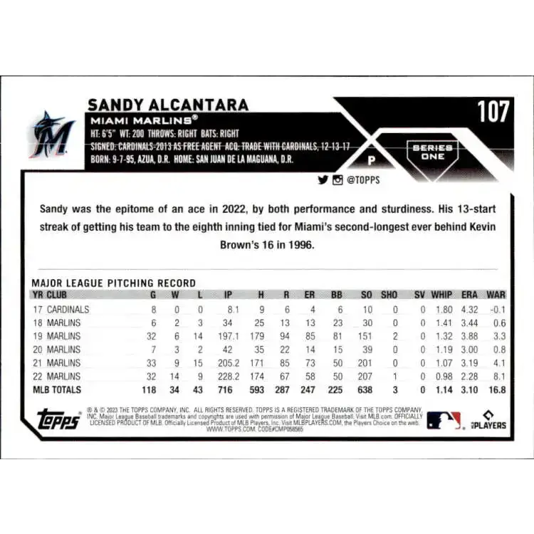 2023 Topps #107 Sandy Alcantara NM-MT Miami Marlins Baseball Card - Baseball Card Single
