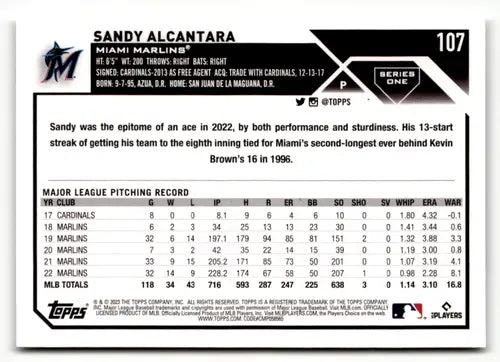 2023 Topps #107 Sandy Alcantara NM Near Mint Marlins ID:49591 - Baseball Card Single