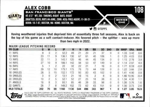 2023 Topps #108 Alex Cobb NM-MT Giants ID:58615 - Baseball Card Single