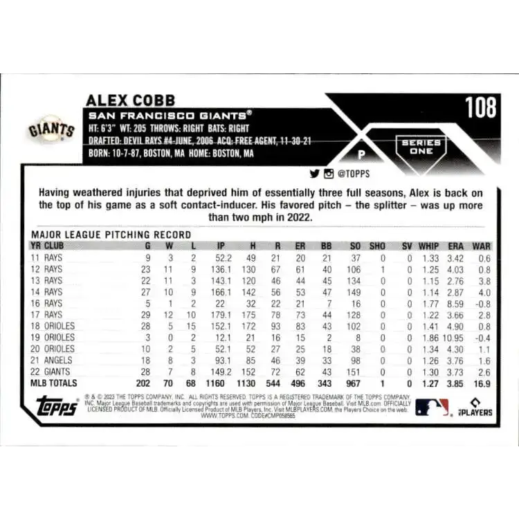 2023 Topps #108 Alex Cobb NM-MT San Francisco Giants Baseball Card - Baseball Card Single