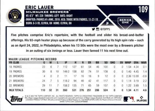 2023 Topps #109 Eric Lauer NM-MT Brewers ID:58156 - Baseball Card Single