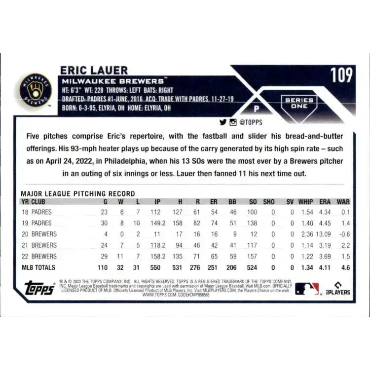 2023 Topps #109 Eric Lauer NM-MT Milwaukee Brewers Baseball Card - Baseball Card Single