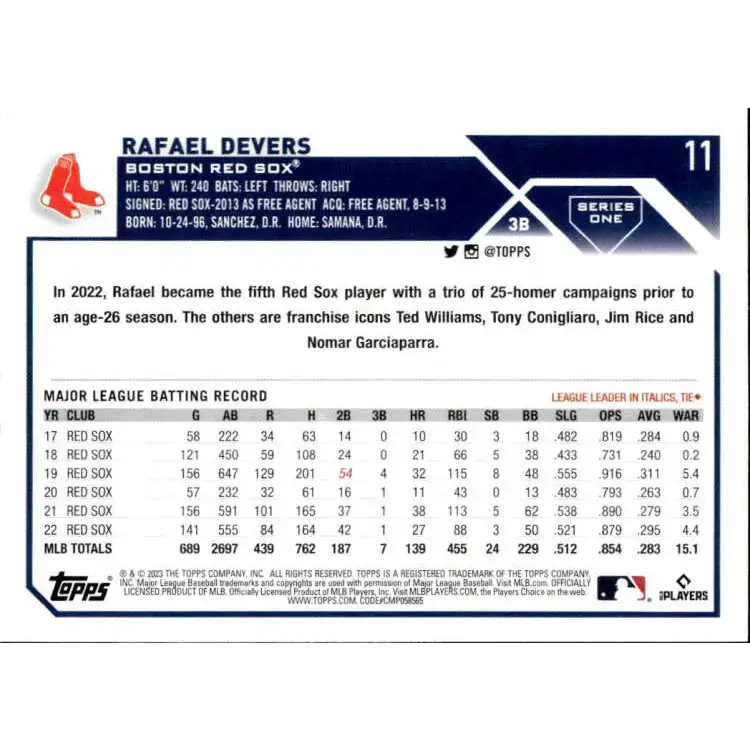 2023 Topps #11 Rafael Devers NM-MT Boston Red Sox Baseball Card - Baseball Card Single