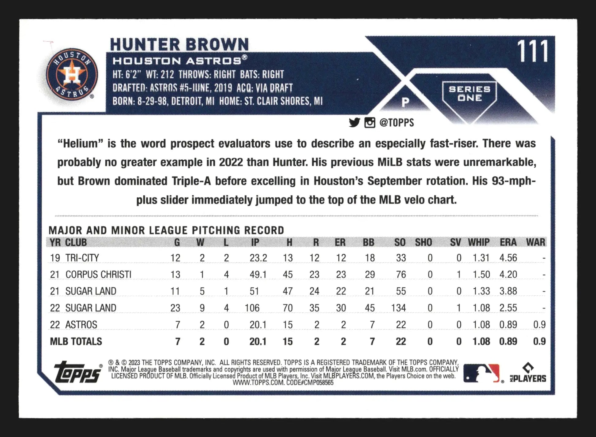 2023 Topps #111 Hunter Brown Houston Astros RC - Baseball Card Single