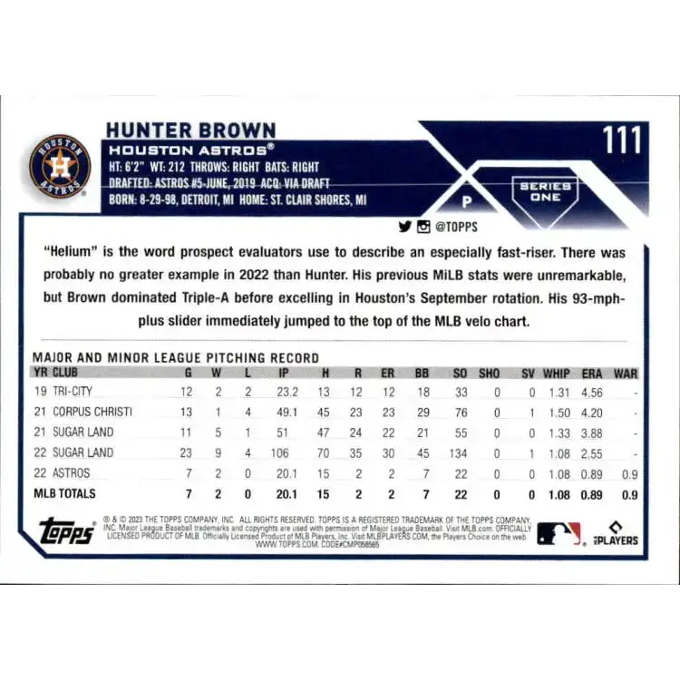 2023 Topps #111 Hunter Brown NM-MT RC Rookie Houston Astros Baseball Card - Baseball Card Single