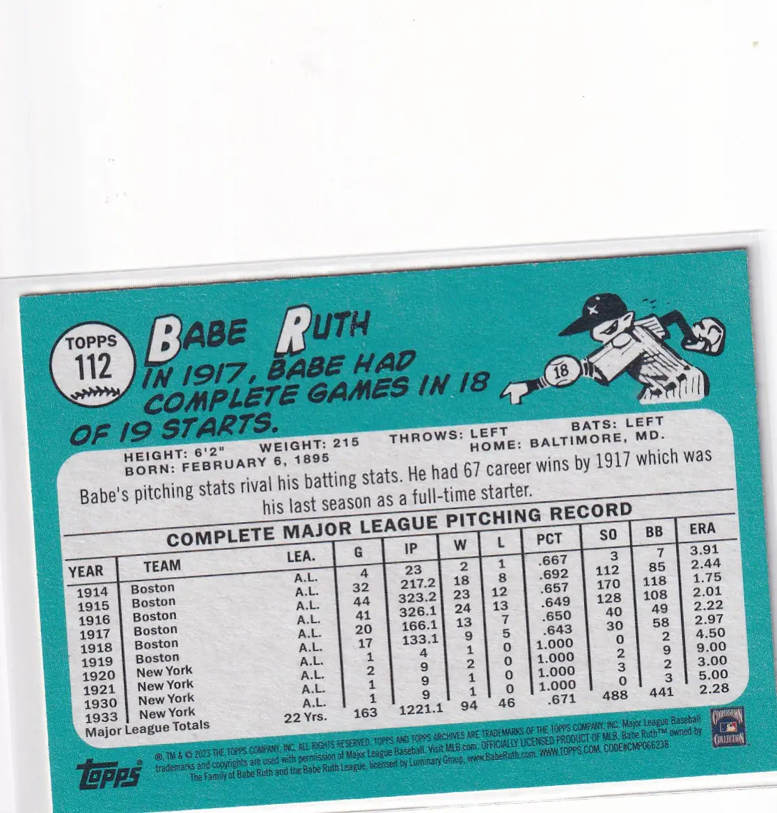 2023 TOPPS #112 BABE RUTH- NEW YORK YANKEES - Baseball Card Single