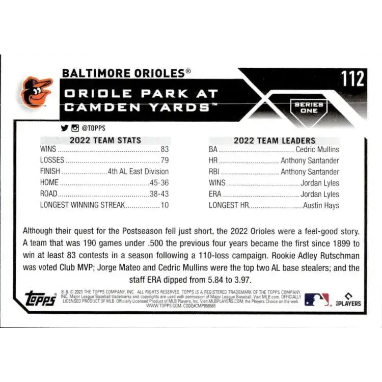 2023 Topps #112 Baltimore Orioles NM-MT Team Card Baseball Card - Baseball Card Single