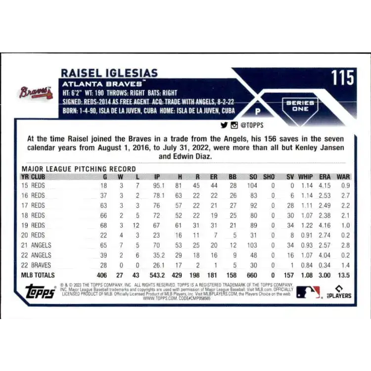 2023 Topps #115 Raisel Iglesias NM-MT Atlanta Braves Baseball Card - Baseball Card Single
