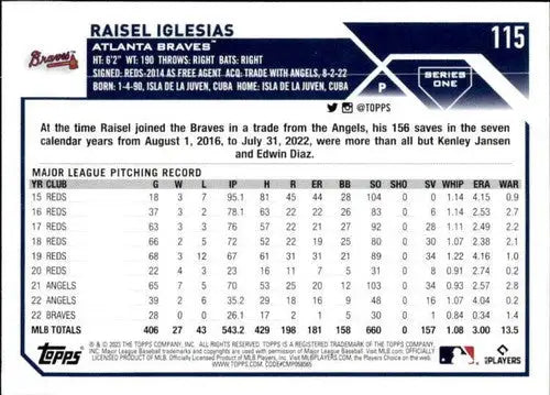 2023 Topps Raisel Iglesias baseball card with original gloss, NM-MT condition