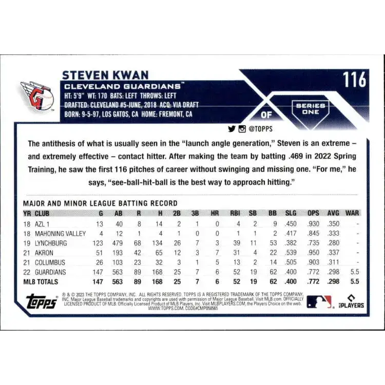 2023 Topps #116 Steven Kwan NM-MT Cleveland Guardians Baseball Card - Baseball Card Single