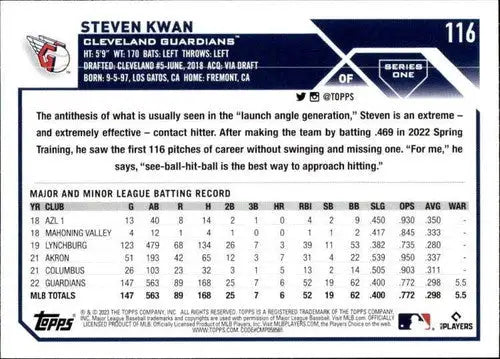 2023 Topps #116 Steven Kwan NM-MT Guardians ID:50109 - Baseball Card Single