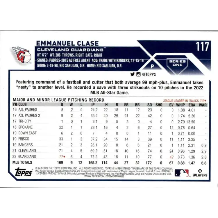 2023 Topps #117 Emmanuel Clase NM-MT Cleveland Guardians Baseball Card - Baseball Card Single