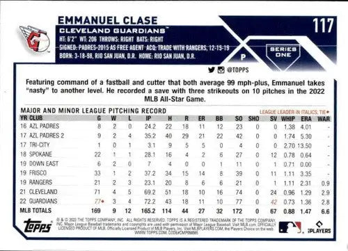 Baseball card showing Emmanuel Clase with original gloss and NM-MT condition