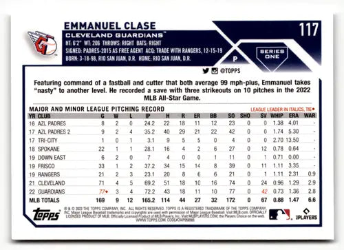 2023 Topps #117 Emmanuel Clase NM Near Mint Guardians ID:49802 - Baseball Card Single