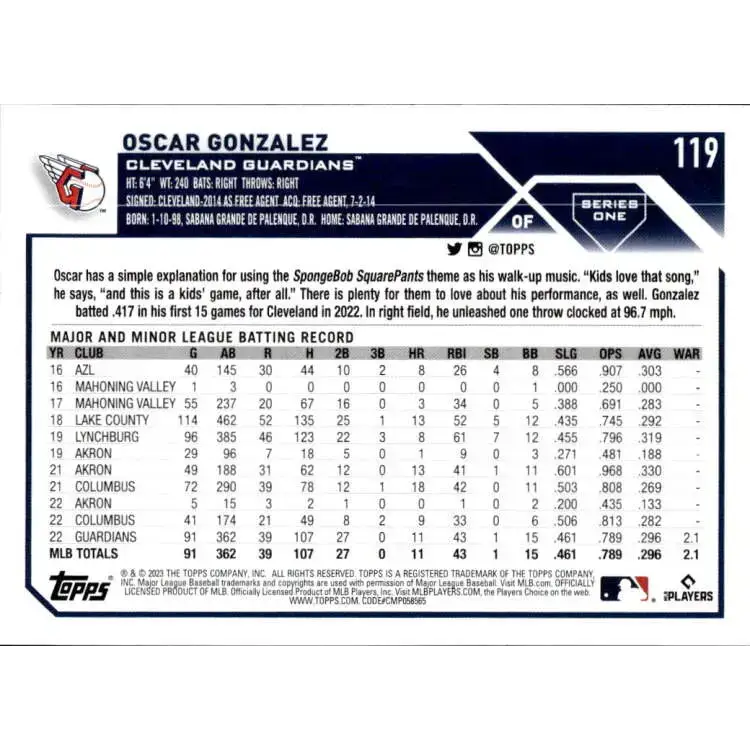 2023 Topps #119 Oscar Gonzalez NM-MT RC Rookie Cleveland Guardians Baseball Card - Baseball Card Single