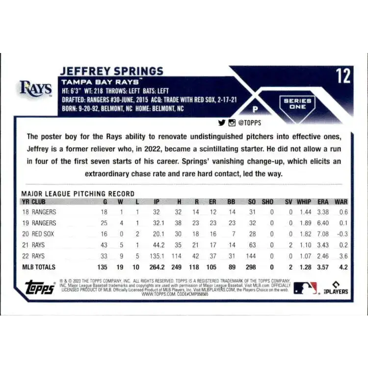2023 Topps #12 Jeffrey Springs NM-MT Tampa Bay Rays Baseball Card - Baseball Card Single