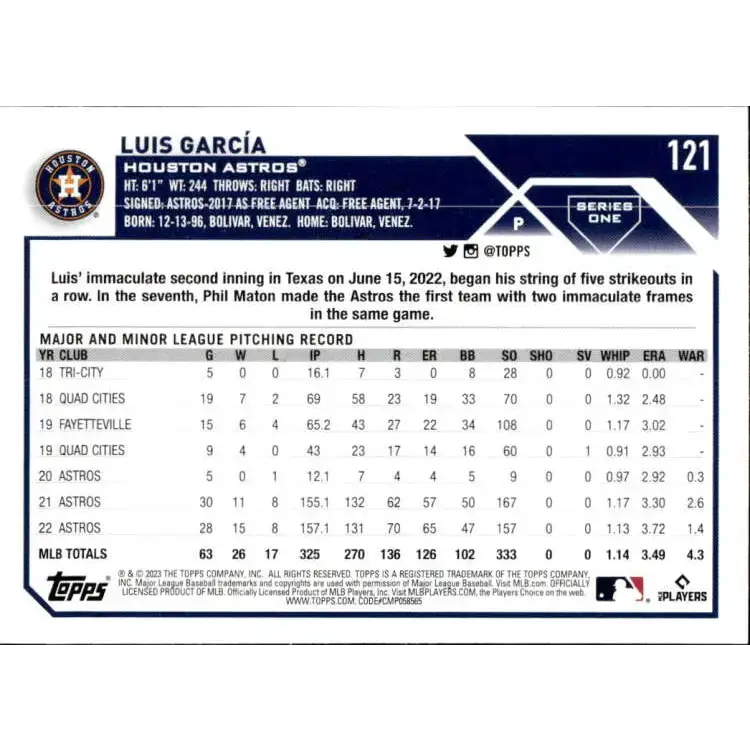2023 Topps #121 Luis Garcia NM-MT Houston Astros Baseball Card - Baseball Card Single