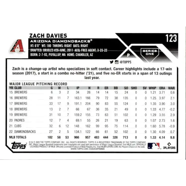 2023 Topps #123 Zach Davies NM-MT Arizona Diamondbacks Baseball Card - Baseball Card Single