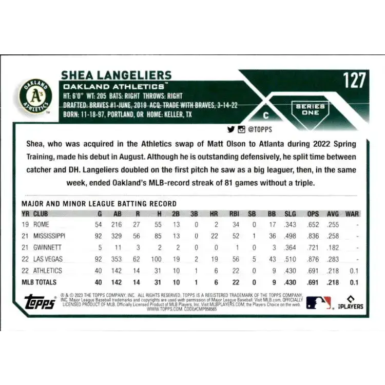 2023 Topps #127 Shea Langeliers NM-MT RC Rookie Oakland Athletics Baseball Card - Baseball Card Single