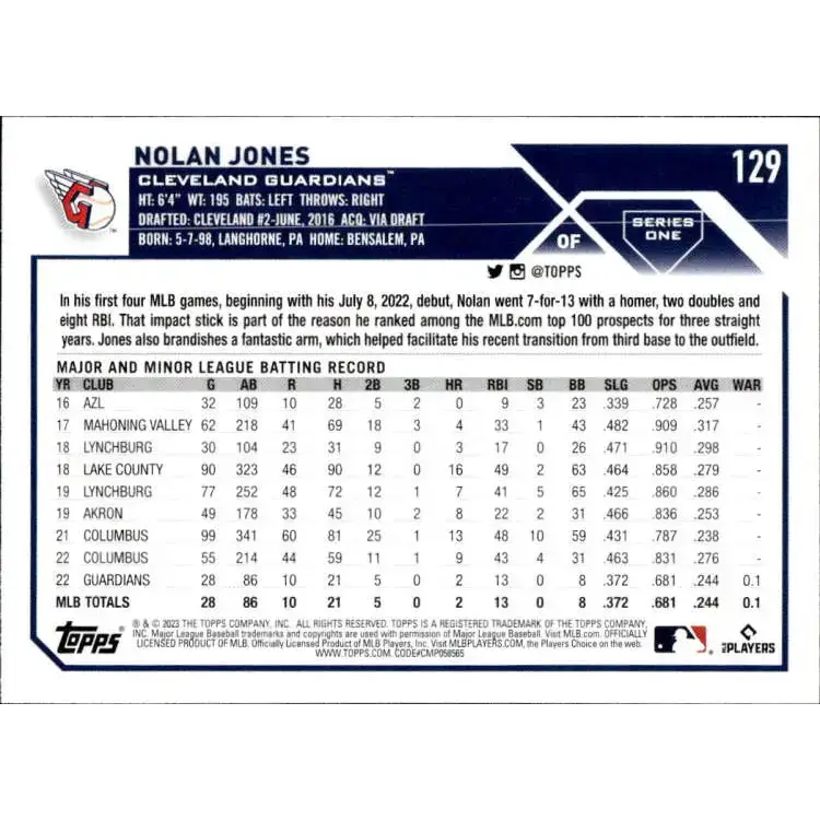 2023 Topps #129 Nolan Jones NM-MT RC Rookie Cleveland Guardians Baseball Card - Baseball Card Single