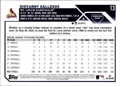 2023 Topps #13 Giovanny Gallegos NM-MT Cardinals ID:49638 - Baseball Card Single